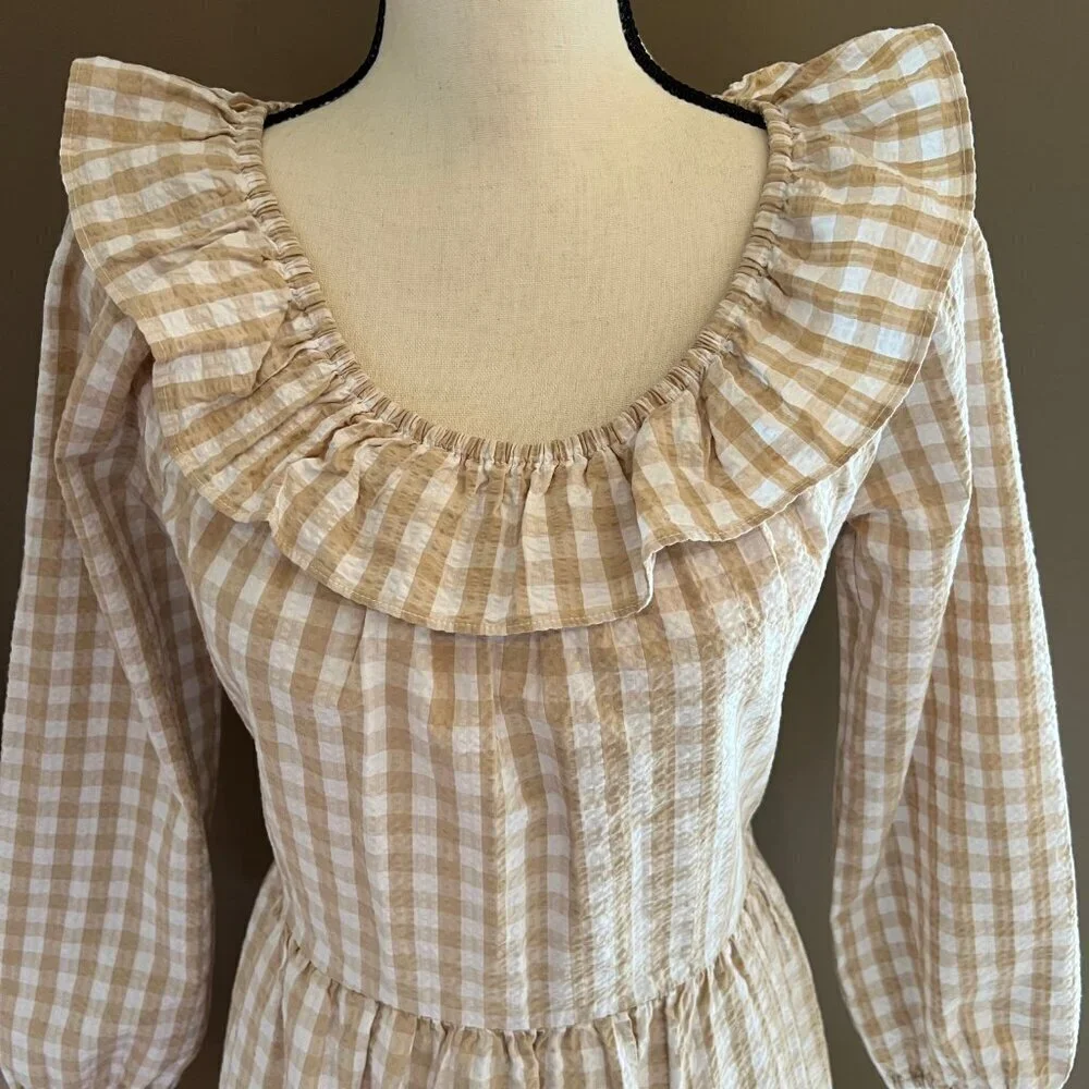 NWT J. Crew Seersucker Ruffleneck tiered mini dress, Sumner, Tan & White, Size 2